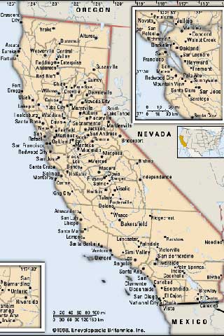 Map of California, the Golden State of the USA