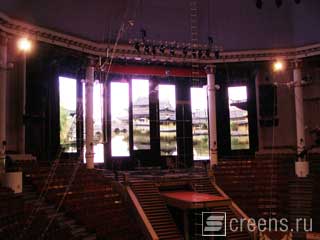 The LED curtains hanging as seven strips to decorate the world-famous Moscow circus