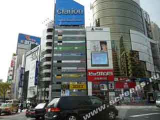 The LED screen on a façade of a commercial building