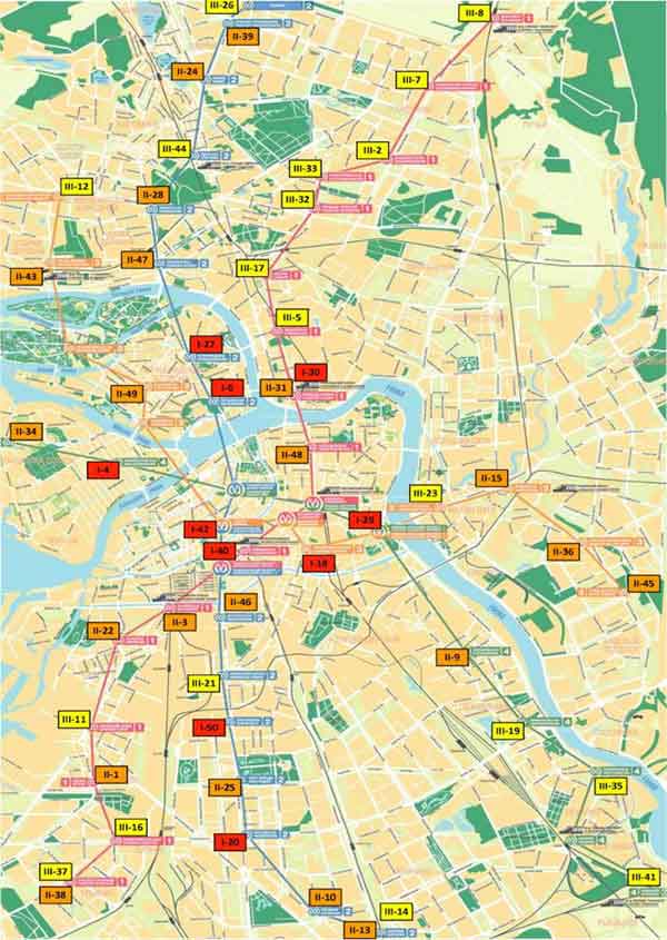 The map of St. Petersburg with LED screens along existing metro lines