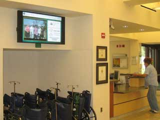 Digital displays in various public gathering areas around the hospital