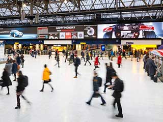 Giant informational and advertising LED screen at railway terminal