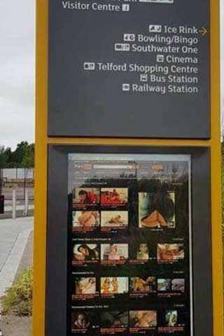 Porn site on hacked information digital signage in Telford, UK