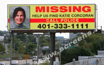 Announcement on LED screens about missing or kidnapped children (Amber Alert Program)