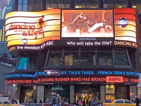 The ABC Times Square Studios’ LED display serves as a full in promoting the network and other business units of the Walt Disney Co.