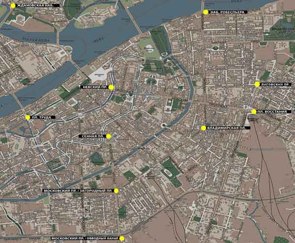 The map of St. Petersburg with 10 LED screens controlled by "Tretij Glaz" advertising agency