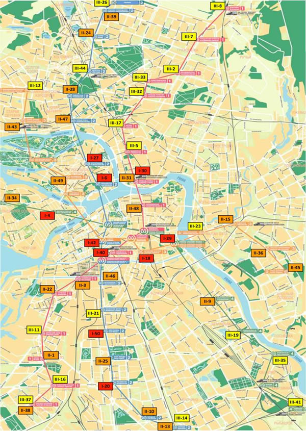 The map of St. Petersburg with LED screens along existing metro lines.